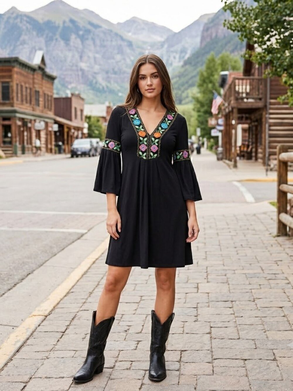 Vintage Cache Boho Embroidered Floral Bell Sleeves Tunic Dress Size Medium